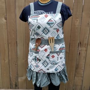 Olive Green Aztec Print Ruffle Kitchen Art Handmade Apron